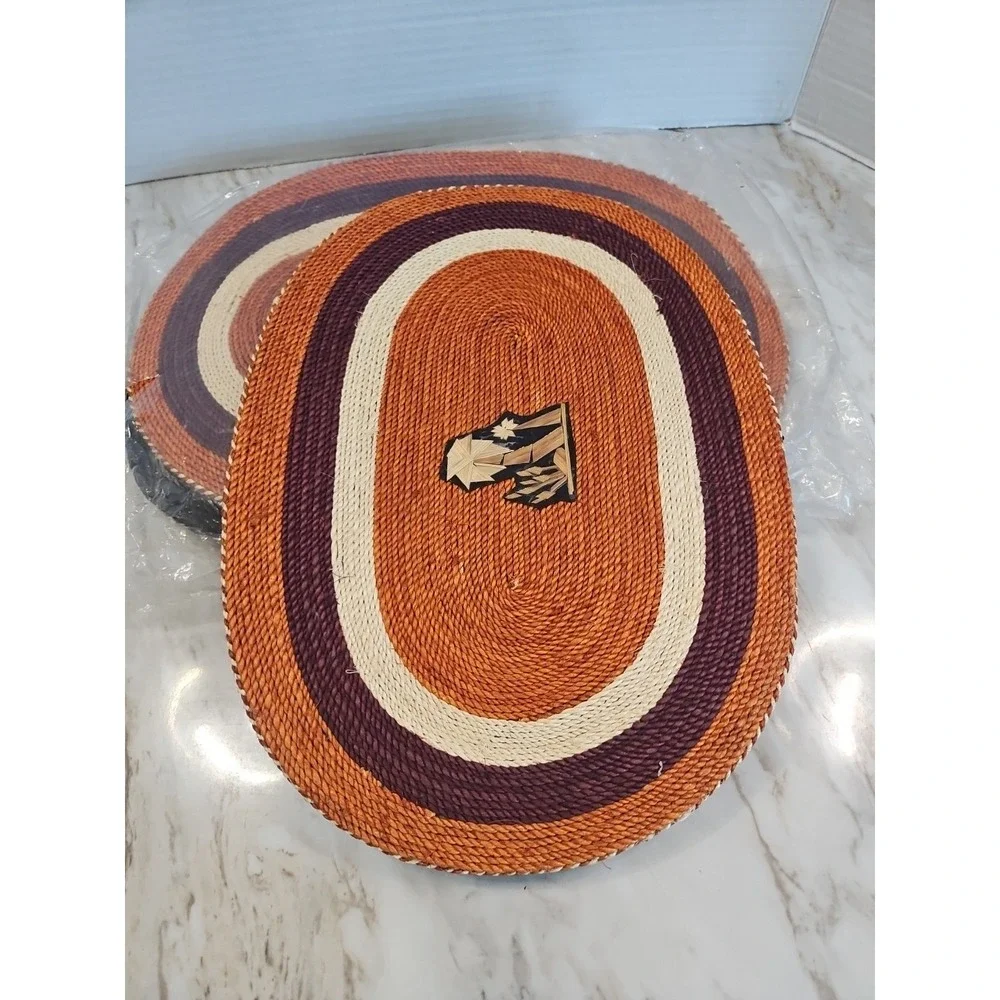 Vintage Boho Handmade Straw Woven Placemats Mexico Burnt Orange Decor